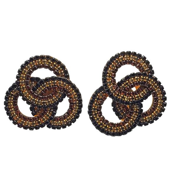 Designer Clip Earrings Roxanne Assoulin Infinity Knot Black Gold Brown Crystal - Picture 5 of 10